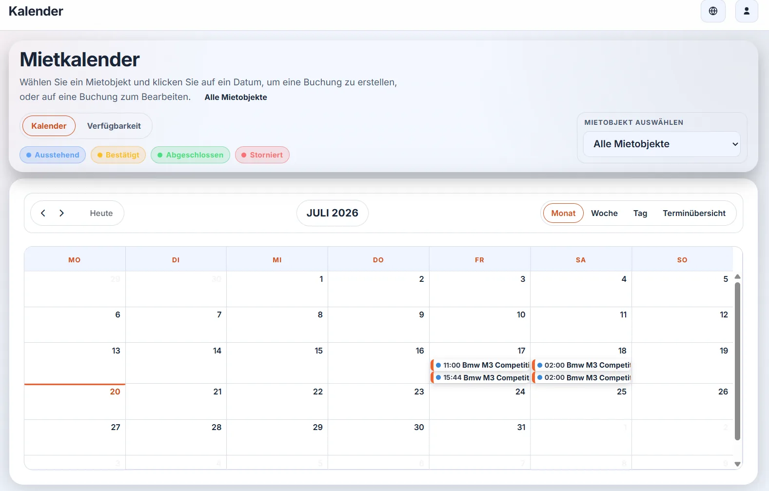 Calendrier des disponibilités avec les locations planifiées